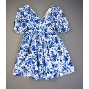 Talbots Dress Blue And White Floral print Stretch Size Medium Puff Sleeves‎ Maxi